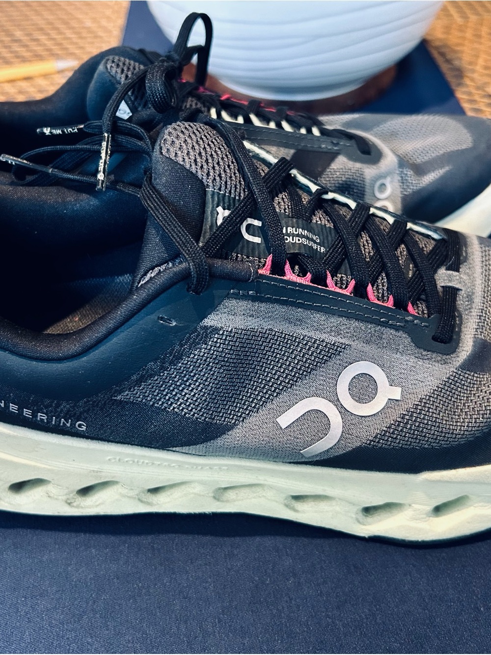 On Running Women's Black and Gray Running Shoes with Pink Accents